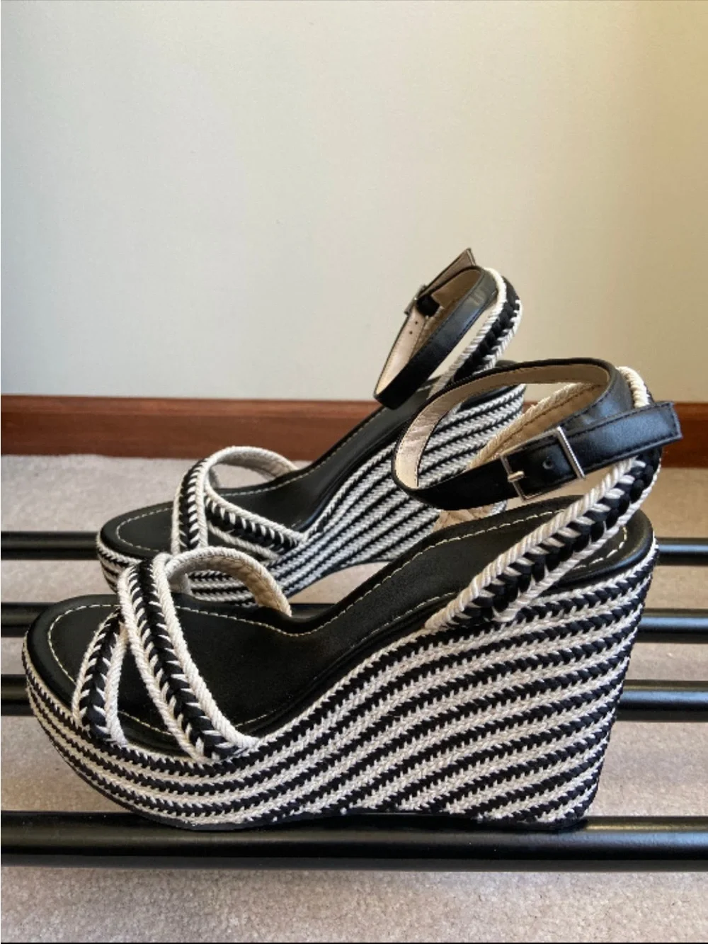 bp Black and Cream Braided Wedge Sandals